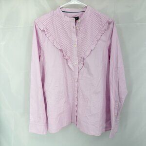 J Crew Women 10 Ruffle Trim Cotton Poplin Button Up Shirt Solid Pink Long Sleeve